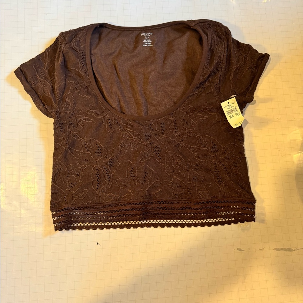 aerie Brown Lace-Trim Scoop Crop Top